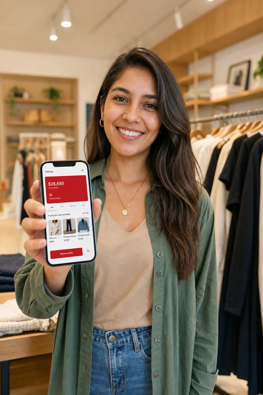Mujer emprendedora mostrando el sistema Paikan Retail funcionando en su celular