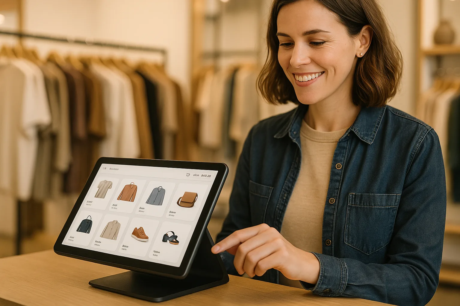 Vendedora usando el sistema de punto de venta Paikan Retail en una tienda de ropa